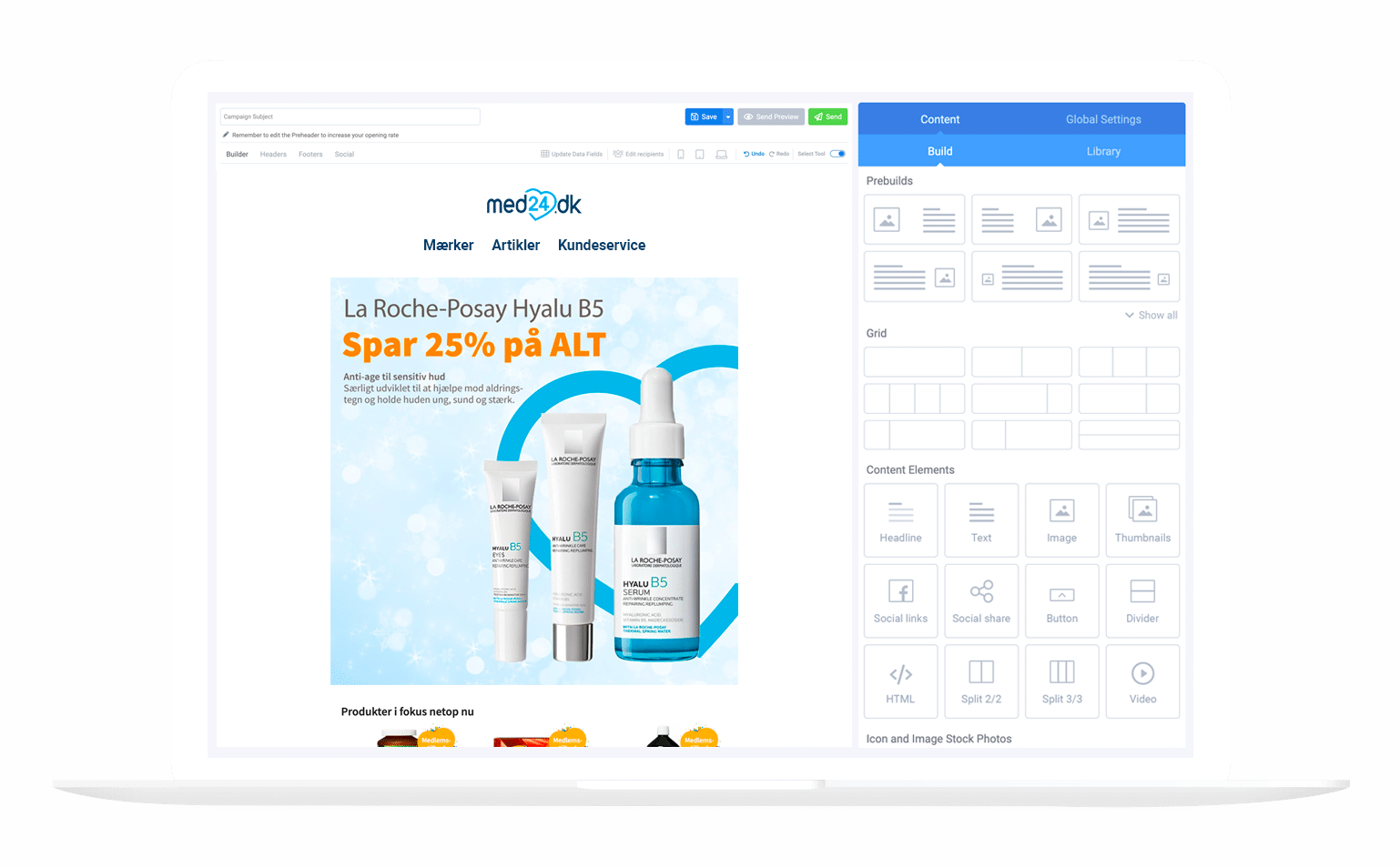 A screenshot of the MarketingPlatform's email campaign builder and an example of a created newsletter for med2.dk.