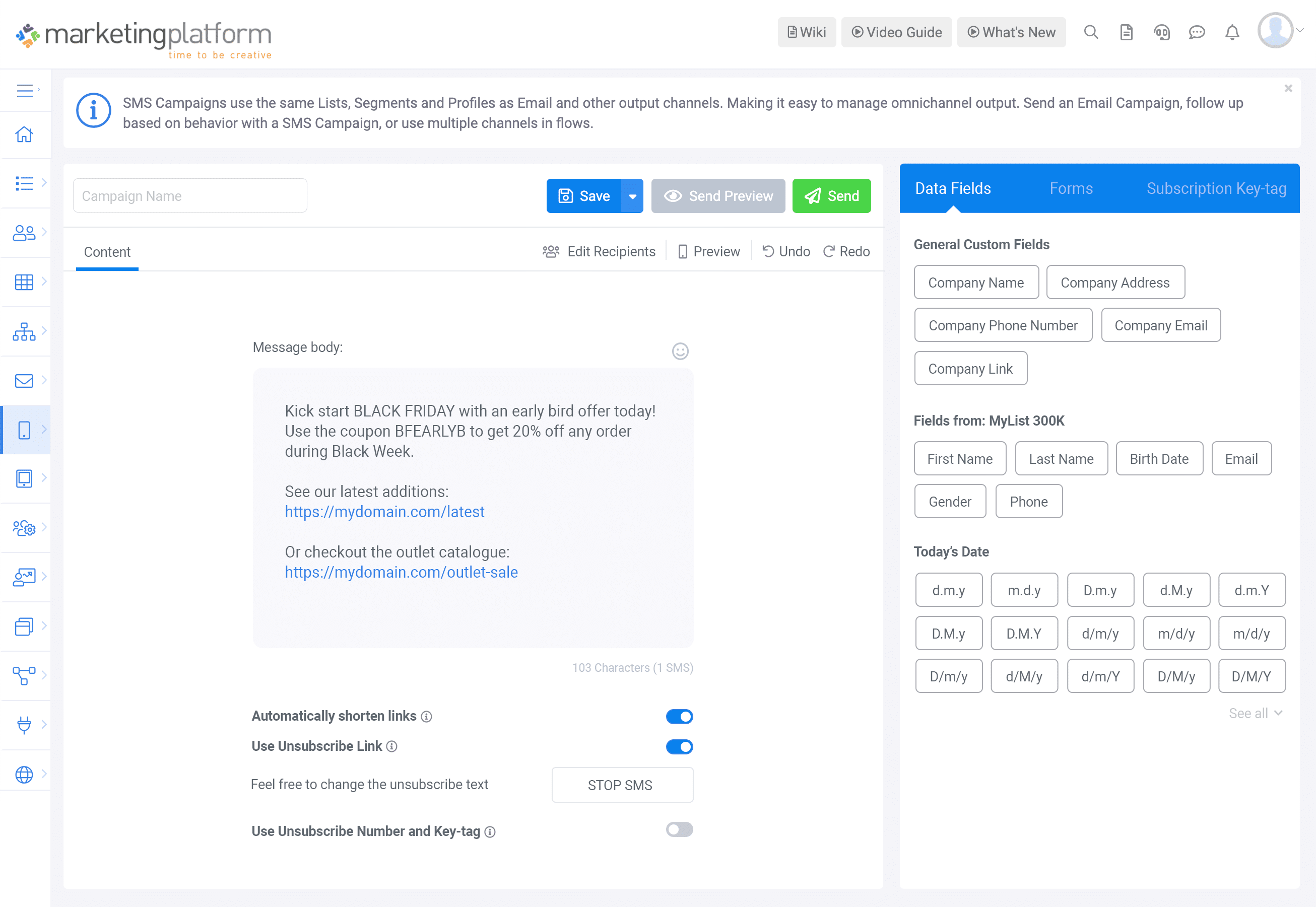 A screenshot of MarketingPlatform's SMS campaign builder.